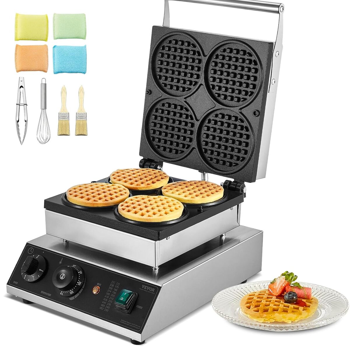 Gaufrier Commercial VEVOR 2000W – 2 Gaufres Belges Rectangulaires, Inox Anti-adhésif, Réglage Température & Timer, Parfait Café & Boulangerie