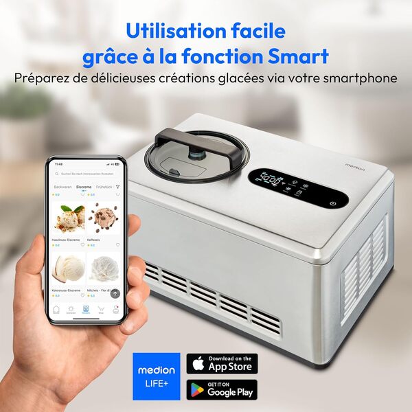 MEDION Machine à glace intelligente avec compresseur (auto-réfrigérant, contrôle par app y compris recettes de glace, écran LED, 2 litres, yaourt glacé, acier inoxydable, MD12170)