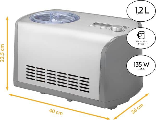 TZS First Austria Sorbetière Electrique professionnelle, Yaourtière 135W, Turbine à Glace 1,2 Litre, sorbet et crème glacée, Acier inoxydable, Minuterie, Compresseur yaourt glacé, écran LCD