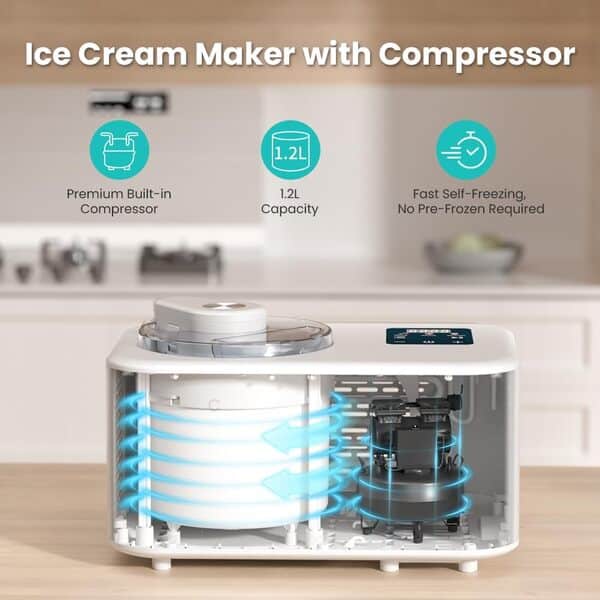 Sorbetiere Turbine a Glace avec Compresseur Sorbetière Electrique 1,2L Machine a Glace et Sorbetières pas de Pré-congélation Ecran LCD Machine a Creme Glacee Maintien du Froid Recipe