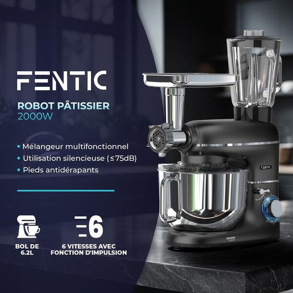 Fentic 6 en 1 Robot Pâtissier – 2000W - Av. Hachoir à Viande, Mixeur 1,5L, Cutter, Accessoires – Robot Cuisine Multifonctions Av. 6,2L Bol Mélangeur, Fouet, Crochet Pétrisseur, Batteur (Noir)