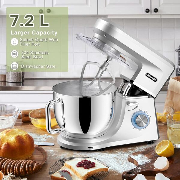 CHeflee Robot Pâtissier 2000W Robot Pétrin Professionnel 7.2 L Faible Bruit Robot de Cuisine Multifonction avec Fouet Batteur Crochet Bol d'Acier Inoxydable,6 Vitesses