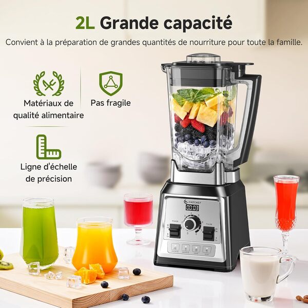AMZCHEF Blender Professionnel, 2000W Blender Smoothie avec 8 Lames 3D en Acier Inoxydable, 2L Mixeur Blender Sans BPA - 25000 tr/min - 4 Fonctions Électroniques Prédéfinis - Régulateur à 8 Vitesses