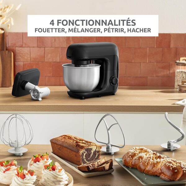 Moulinex Bake Essential, Robot pâtissier, Bol inox 4.8 L, 800 W, Kit accessoires, Batteur, Fouet, Pétrin, Hachoir à viande, Résultat homogène, Noir, QA161810