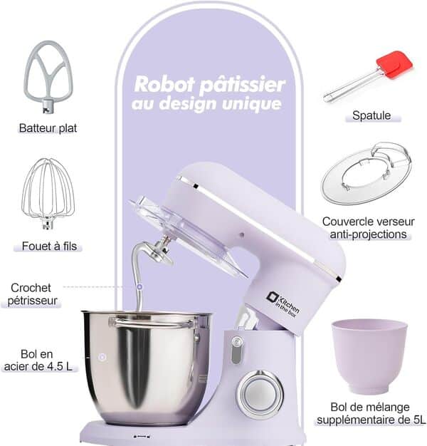 Kitchen in the box Robot Pâtissier, 4.5L+5L 2Bols Robots de Cuisine, 10 Vitesses Batteur Electrique Cuisine, 1300W Pétrin Professionnel avec Fouet, Batteur, Crochet (Lilac)