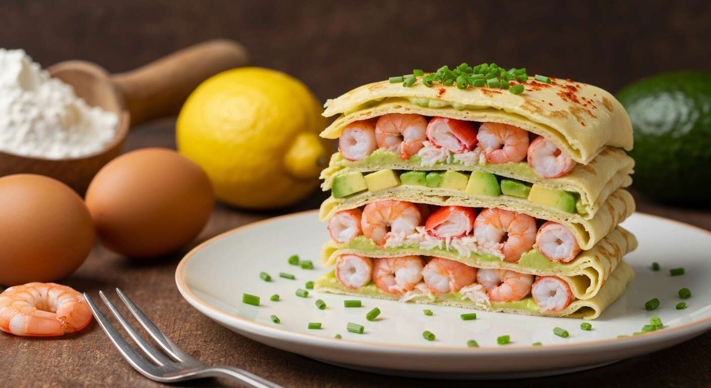 Gâteau de crêpes aux crevettes, crabe et avocat : recette gourmande