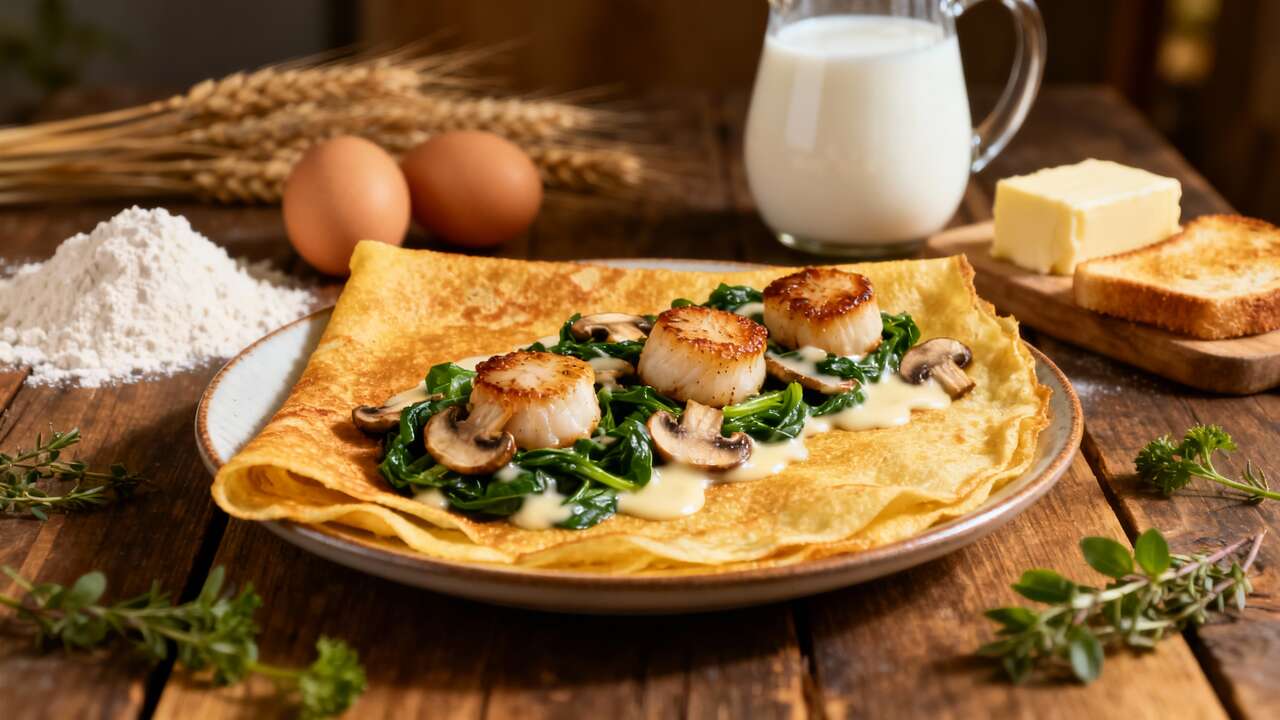 Crêpes aux épinards, champignons et noix de pétoncle : recette gourmande