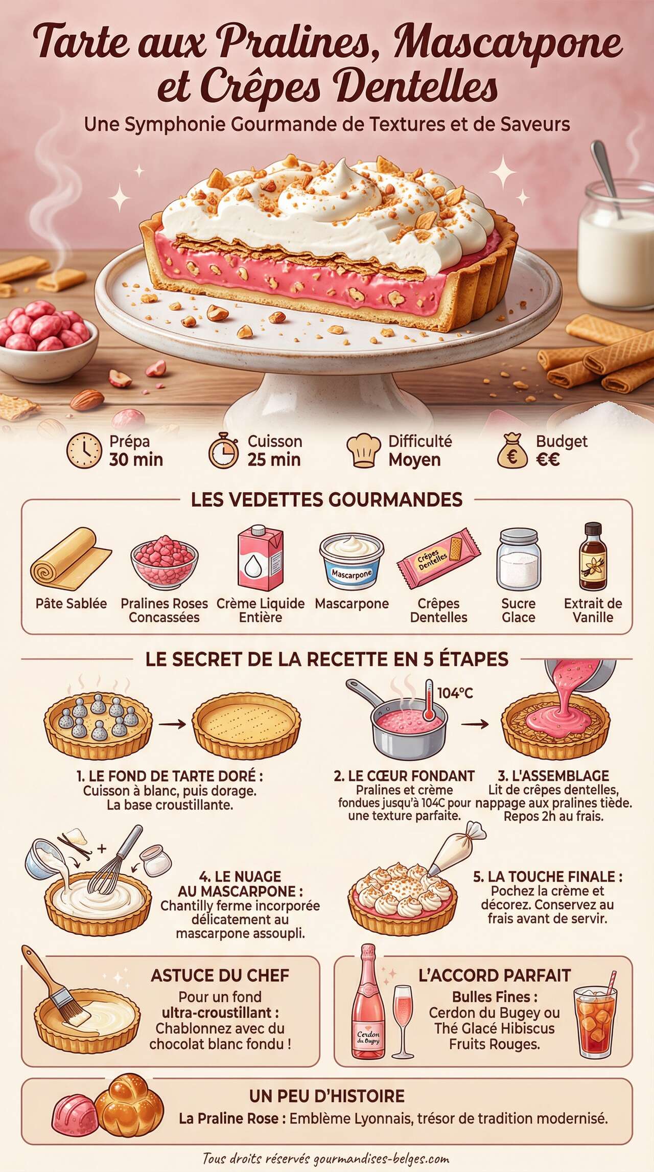 Infographie de la recette Tarte aux pralines, mascarpone et crêpes dentelles Infographie de la recette Tarte aux pralines, mascarpone et crêpes dentelles