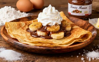 Crêpes gourmandes à la banane rôtie et pâte à tartiner Bonne Maman avec chantilly