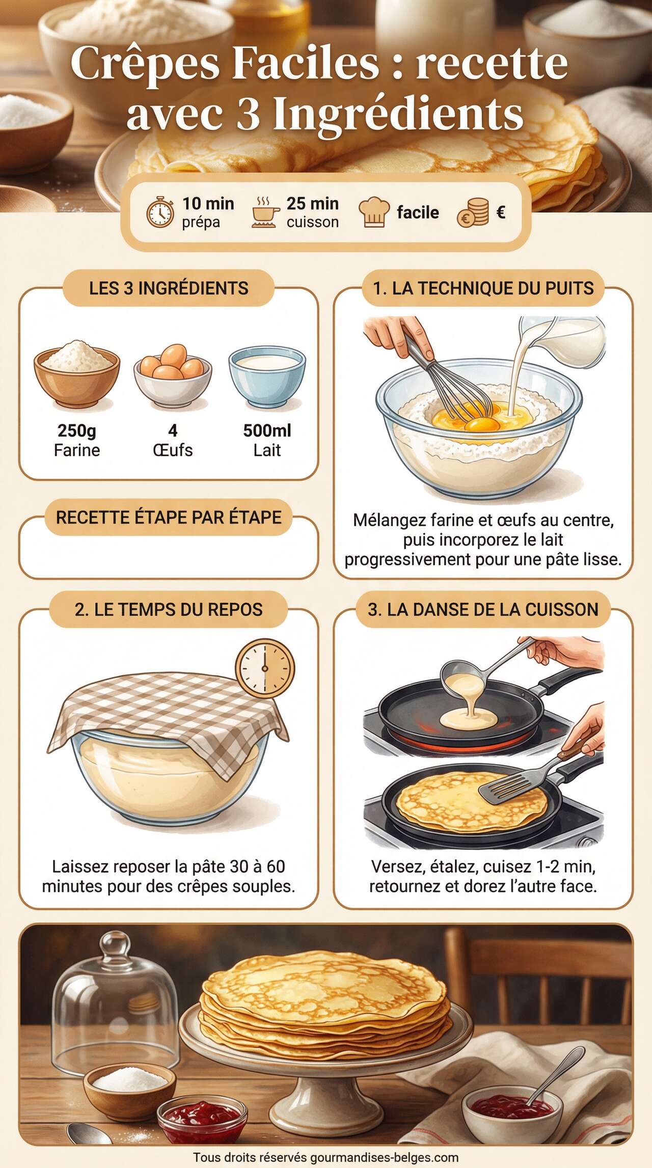 Infographie de la recette Cr&ecirc;pes Faciles : recette avec 3 Ingr&eacute;dients