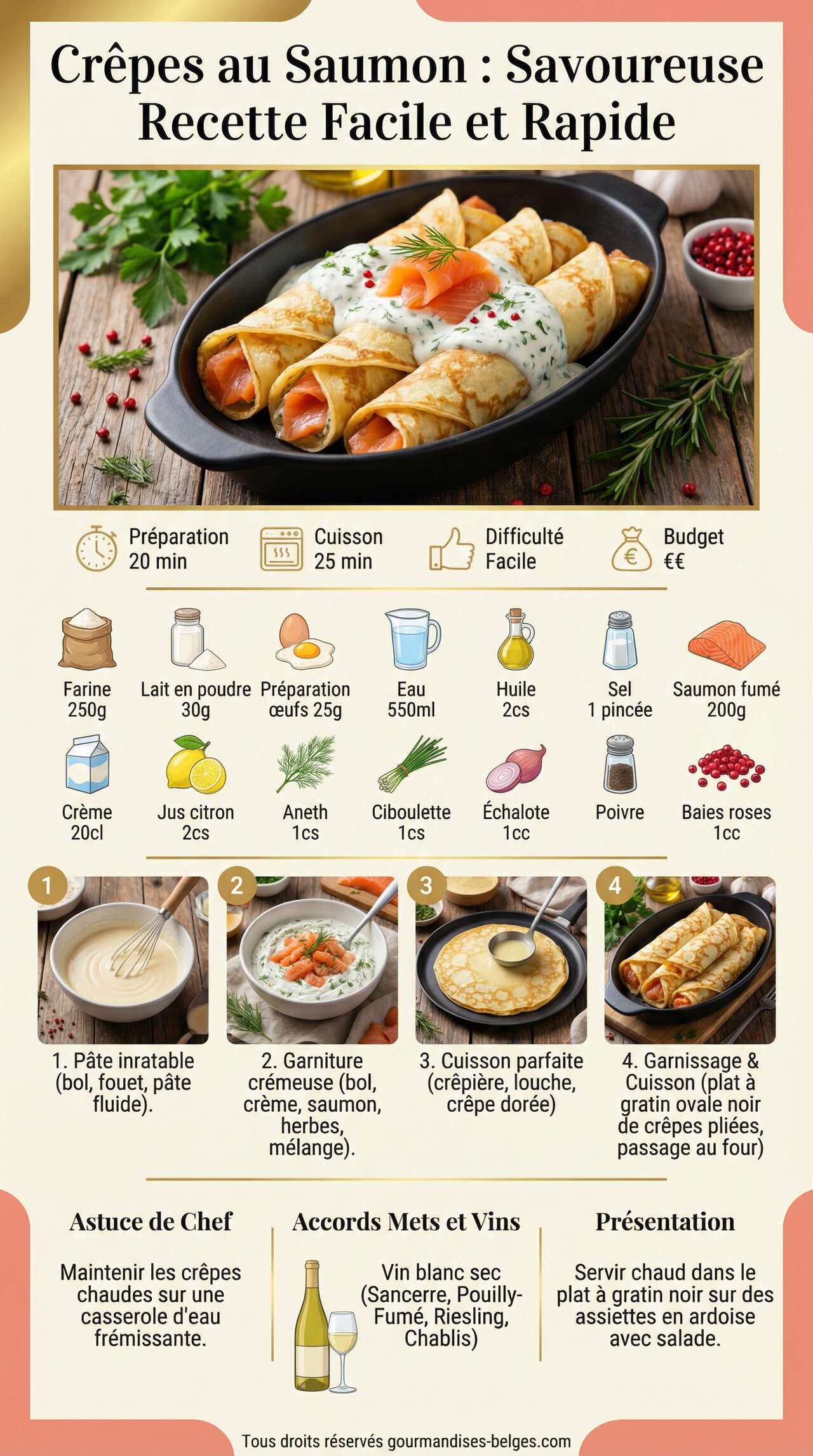 Fiche recette Cr&ecirc;pes au saumon : savoureuse recette facile et rapide