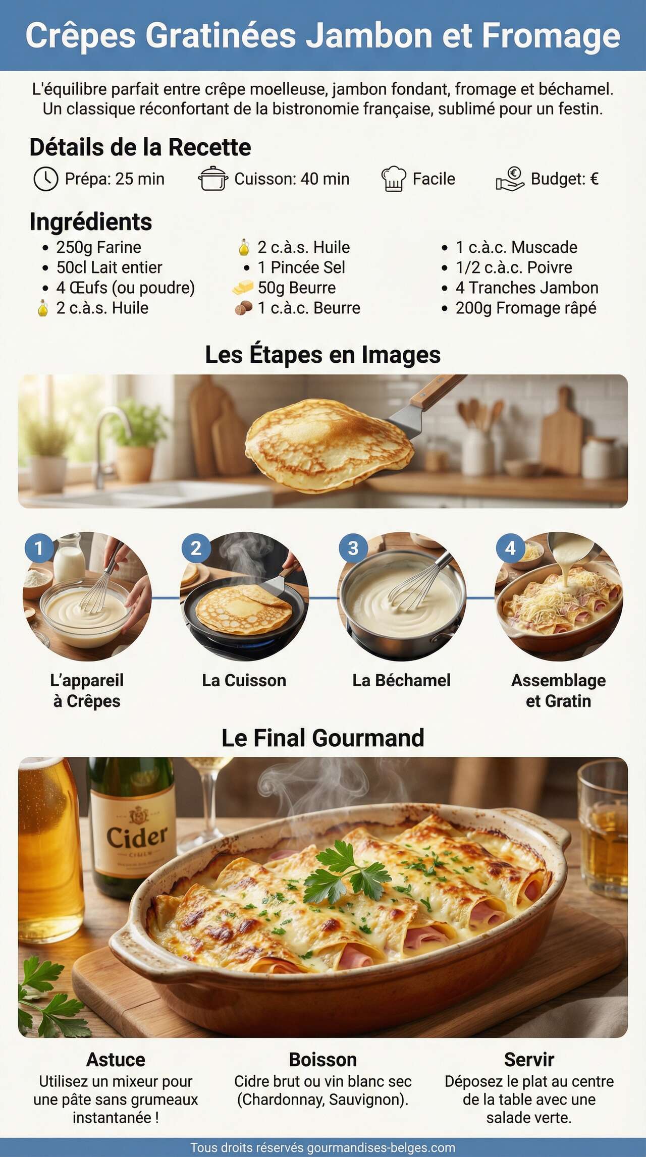 Fiche recette recette facile et savoureuse de cr&ecirc;pes au jambon et fromage