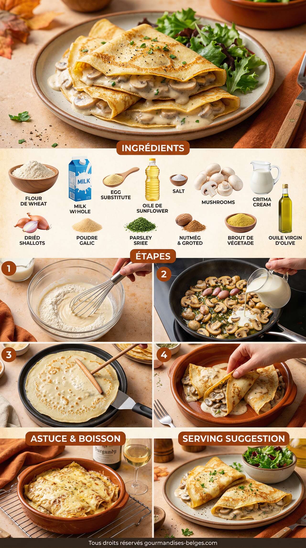 Fiche recette Cr&ecirc;pes aux champignons : recette savoureuse et facile