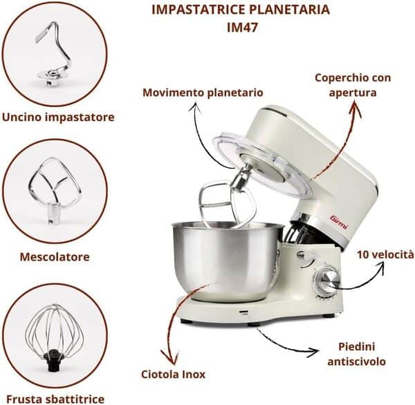Girmi - IM47 Robot Pâtissier Planétaire, Capacité 6 Litres, Jusqu’à 2,4 kg de Pâte, 1500 W Max, Fonction Pulse, 10 Vitesses, Bol Inox, Accessoires Inclus, Couleur Crème