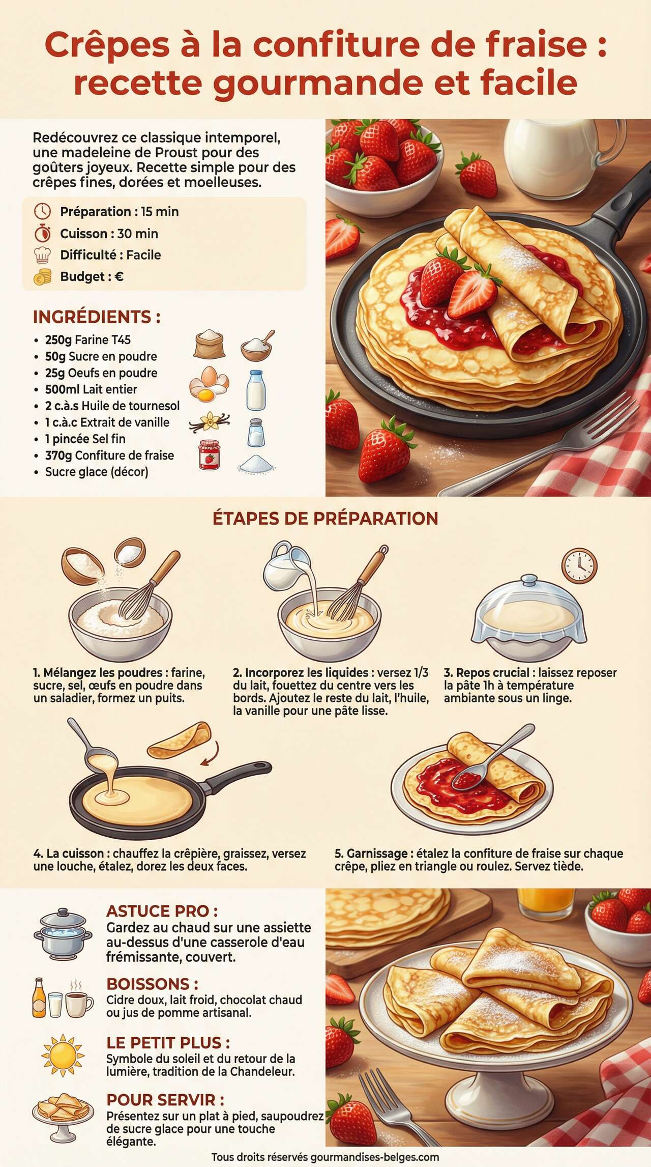 Fiche recette Crêpes à la confiture de fraise : recette gourmande et facile Fiche recette Crêpes à la confiture de fraise : recette gourmande et facile