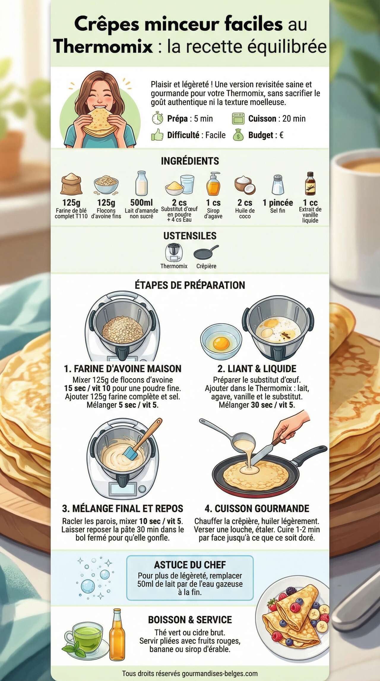 Fiche recette Cr&ecirc;pes minceur faciles au Thermomix : la recette &eacute;quilibr&eacute;e