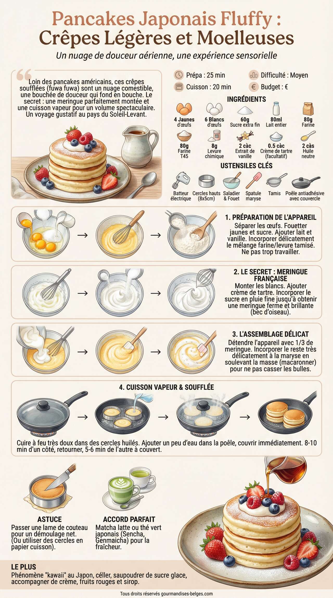 Fiche recette Recette de pancakes japonais fluffy : cr&ecirc;pes l&eacute;g&egrave;res et moelleuses