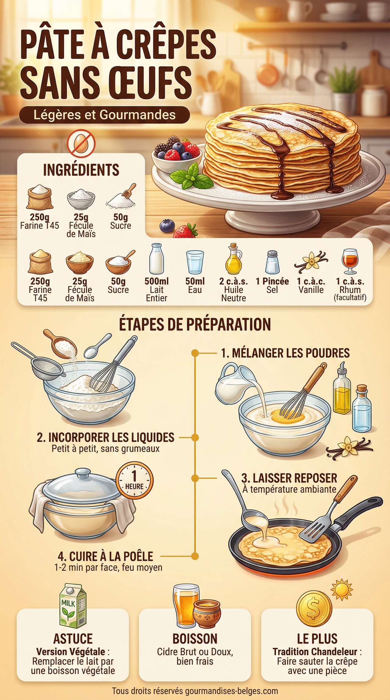 Fiche recette Recette de p&acirc;te &agrave; cr&ecirc;pes sans &oelig;ufs