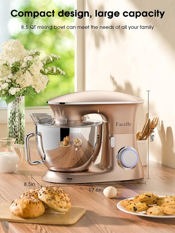 Robot Patissier 2000W 8.5L Robot Cuisine Multifonctions Puissant, Facelle Mixeur Batteur sur Scole, avec Batteur, Fouet, Crochet Pétrin, 6 Vitesses, Robot Patisserie Multifonction
