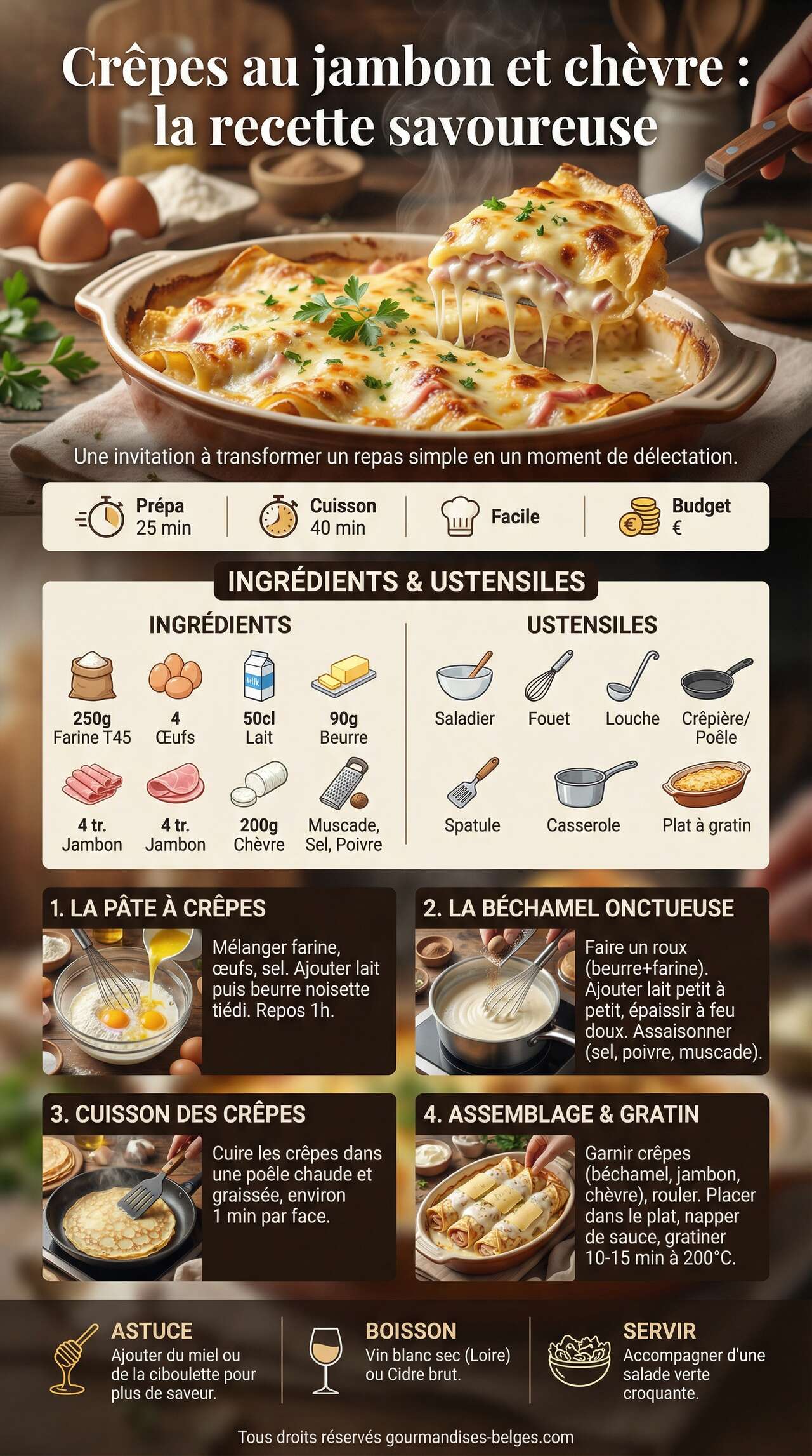 Fiche recette Cr&ecirc;pes au jambon et ch&egrave;vre : la recette savoureuse