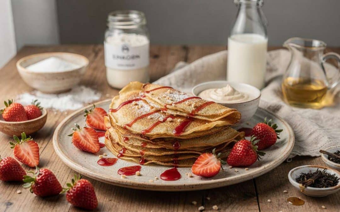 Crêpes au petit épeautre, crème sans œufs au thé Earl Grey et gariguettes