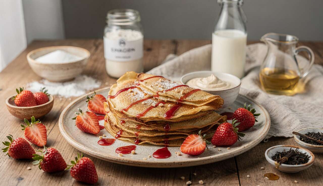 Crêpes au petit épeautre, crème sans œufs au thé Earl Grey et gariguettes