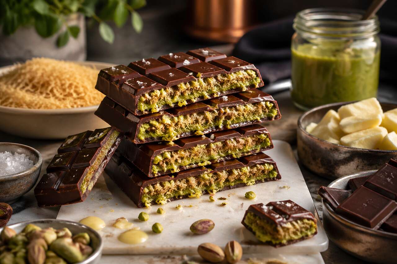 Recette de tablette chocolat noir, pistache et kadaïf