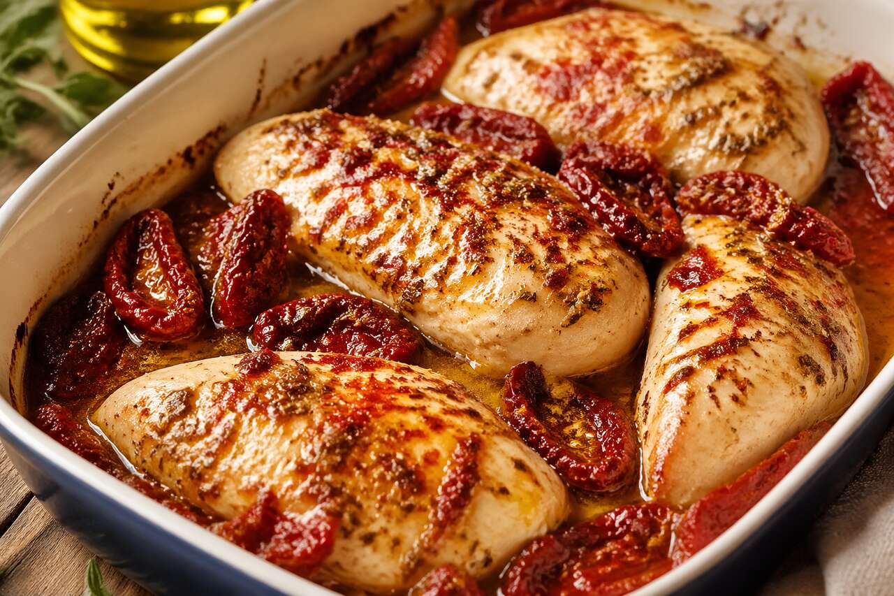Recette de blancs de poulet aux tomates confites et au piment