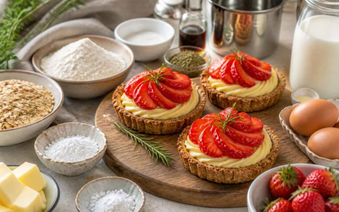Tartelettes aux fraises, pâte croustillante à l'avoine et crème pâtissière au romarin