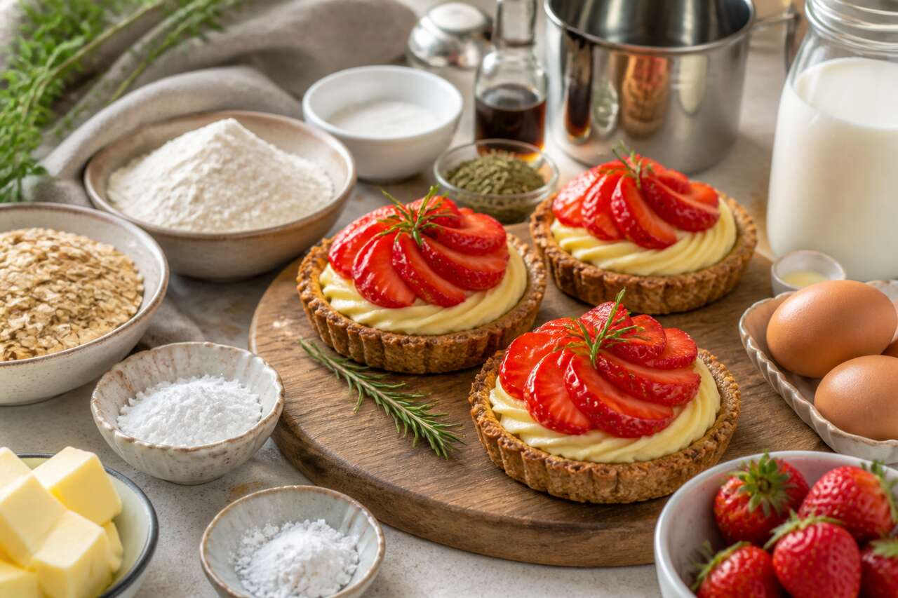 Tartelettes aux fraises, pâte croustillante à l'avoine et crème pâtissière au romarin