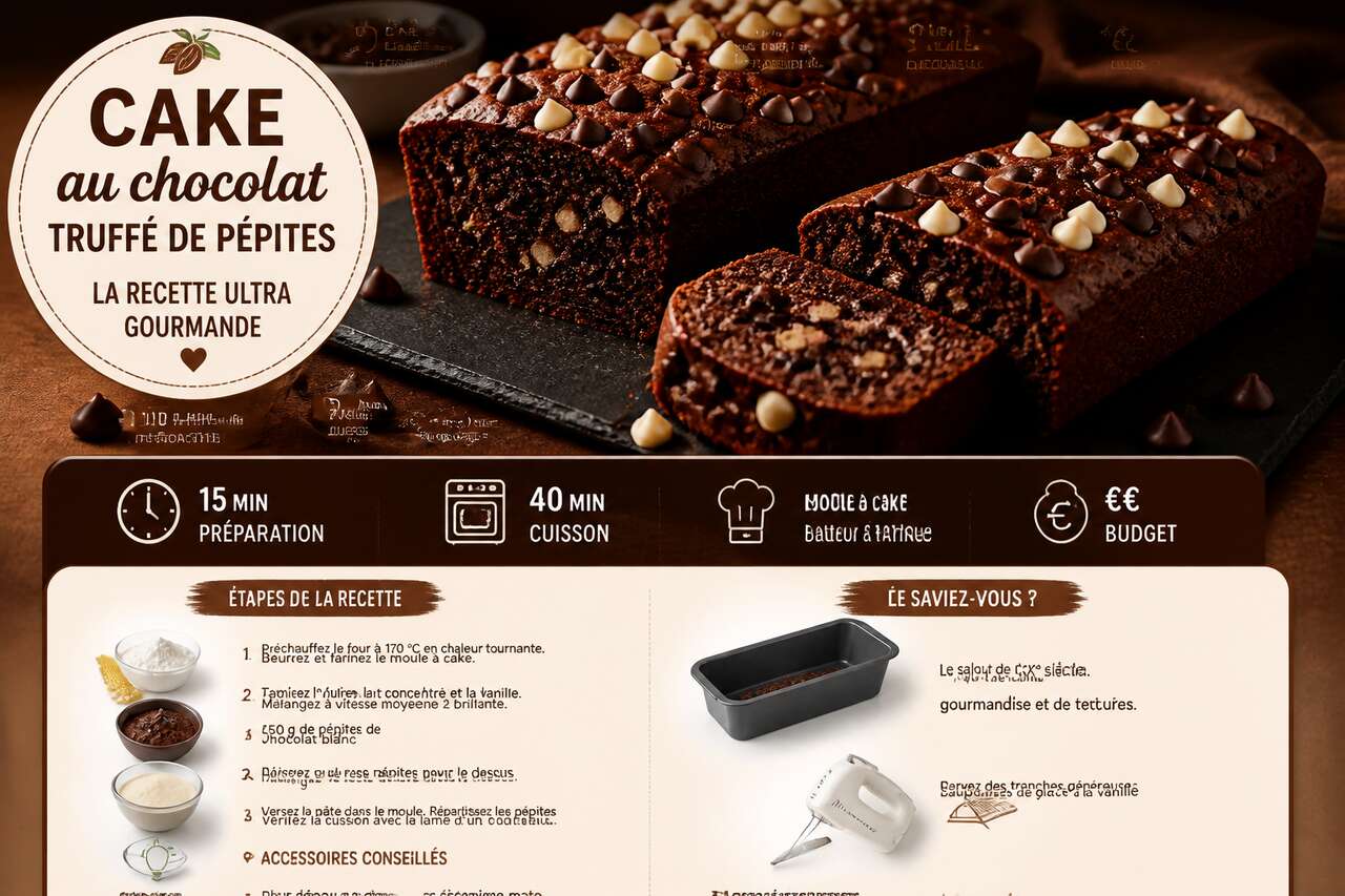 Fiche recette Cake au chocolat truff&eacute; de p&eacute;pites : la recette ultra gourmande