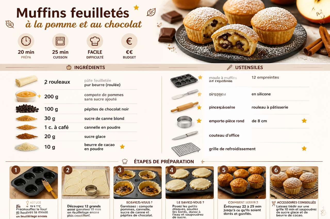 Fiche recette Recette de muffins feuillet&eacute;s &agrave; la pomme et au chocolat