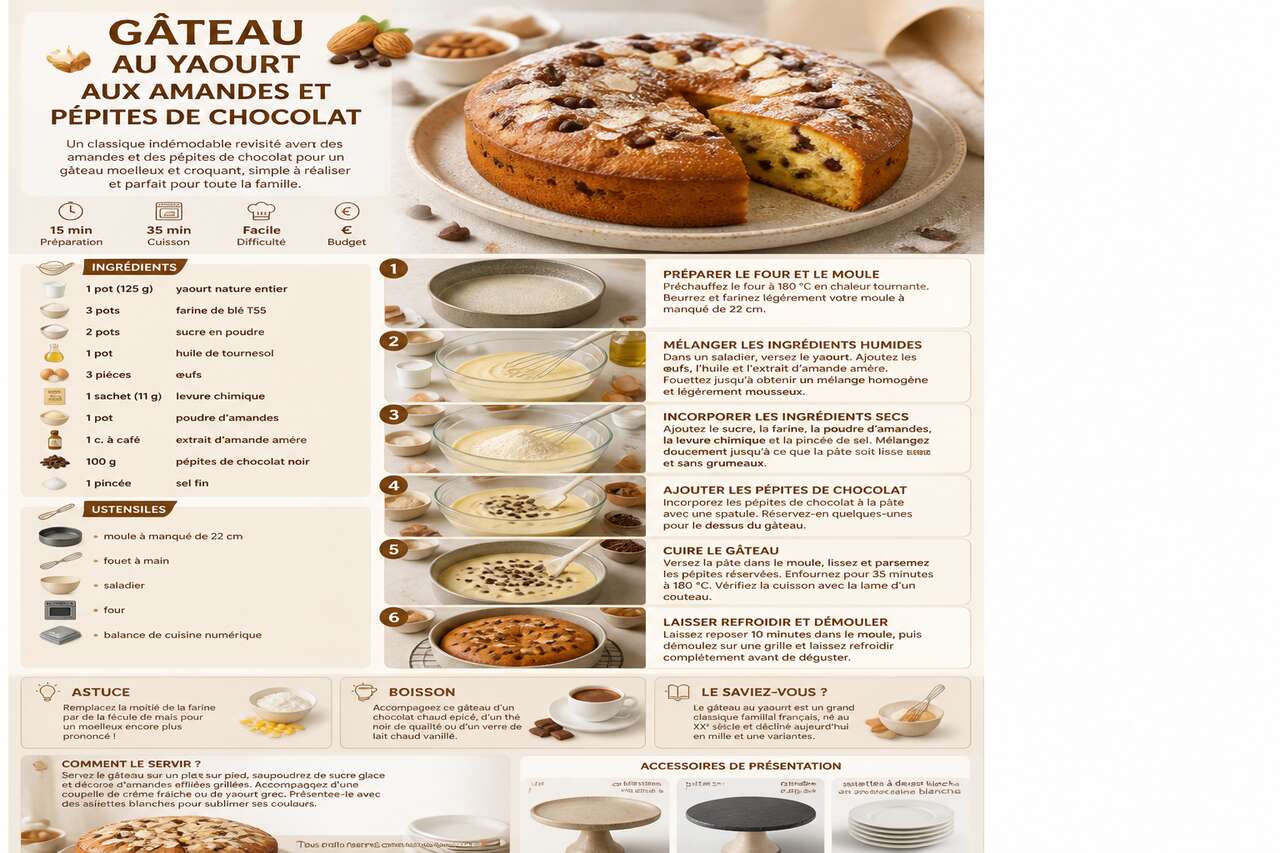 Fiche recette Recette du g&acirc;teau au yaourt aux amandes et p&eacute;pites de chocolat