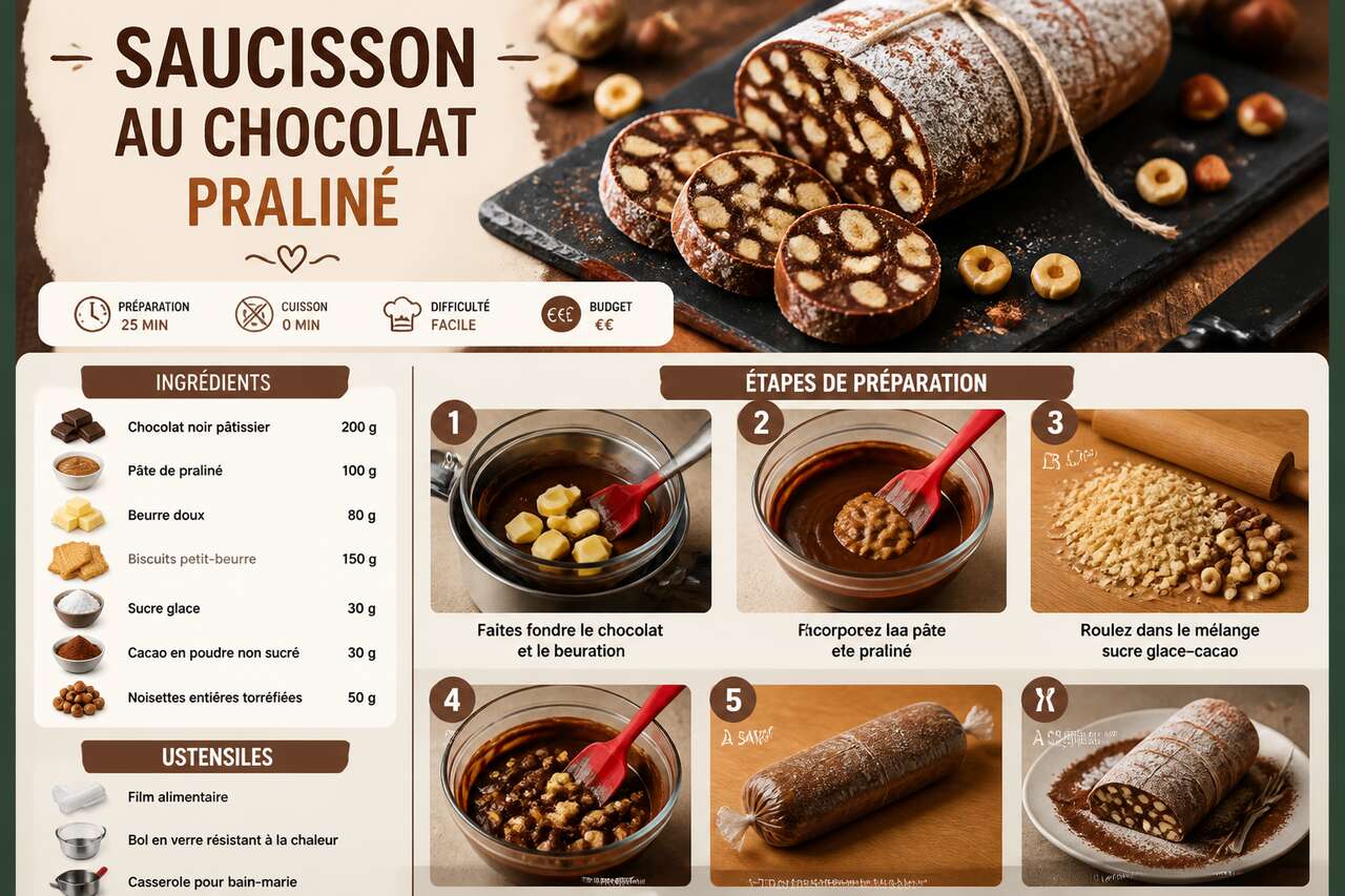 Fiche recette Recette de saucisson au chocolat pralin&eacute;