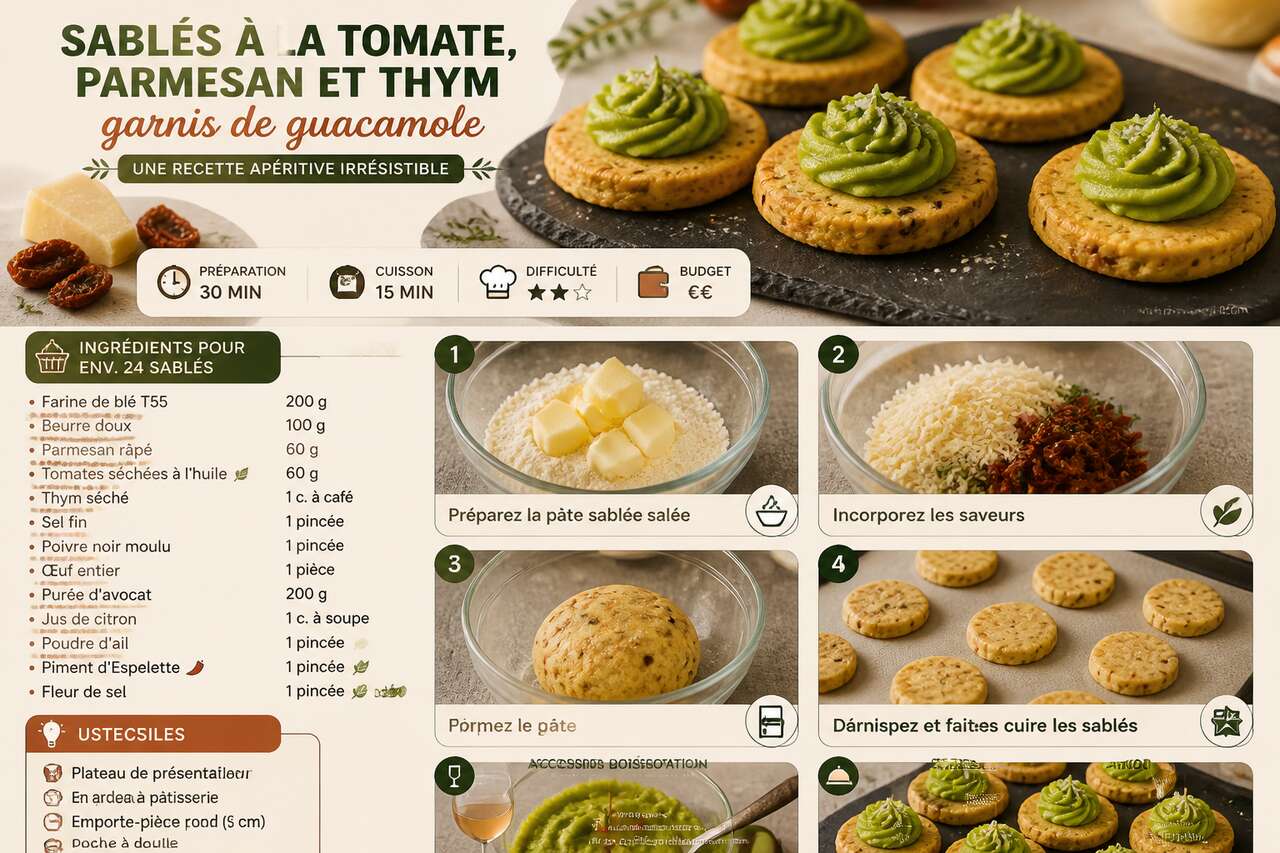 Fiche recette Sablés à la tomate, parmesan et thym garnis de guacamole : une recette apéritive irrésistible Fiche recette Sablés à la tomate, parmesan et thym garnis de guacamole : une recette apéritive irrésistible