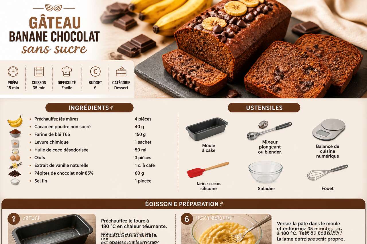 Fiche recette Recette de g&acirc;teau banane chocolat sans sucre