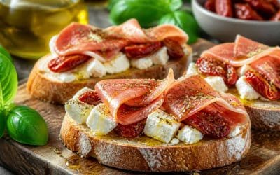 Recette de toasts à la feta, jambon cru et tomates confites