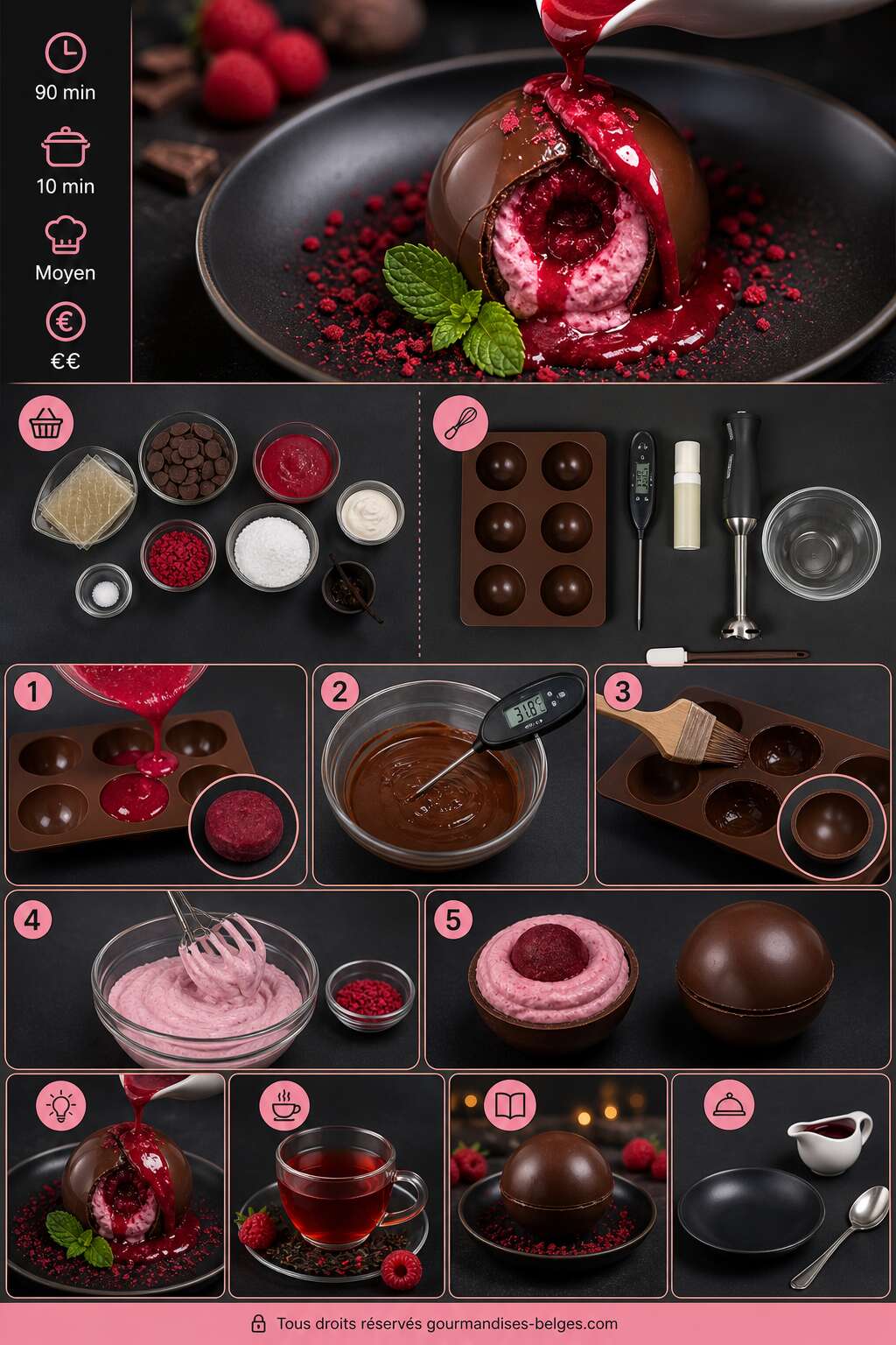 Fiche recette Recette de sphère surprise framboise et chocolat Fiche recette Recette de sphère surprise framboise et chocolat