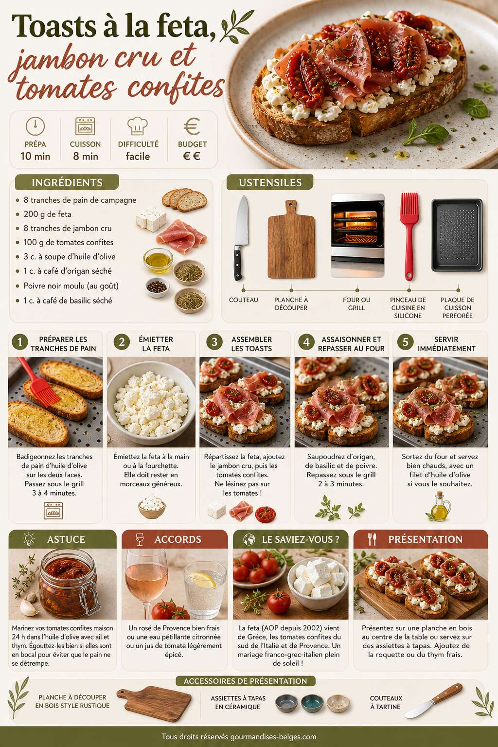 Fiche recette Recette de toasts à la feta, jambon cru et tomates confites Fiche recette Recette de toasts à la feta, jambon cru et tomates confites