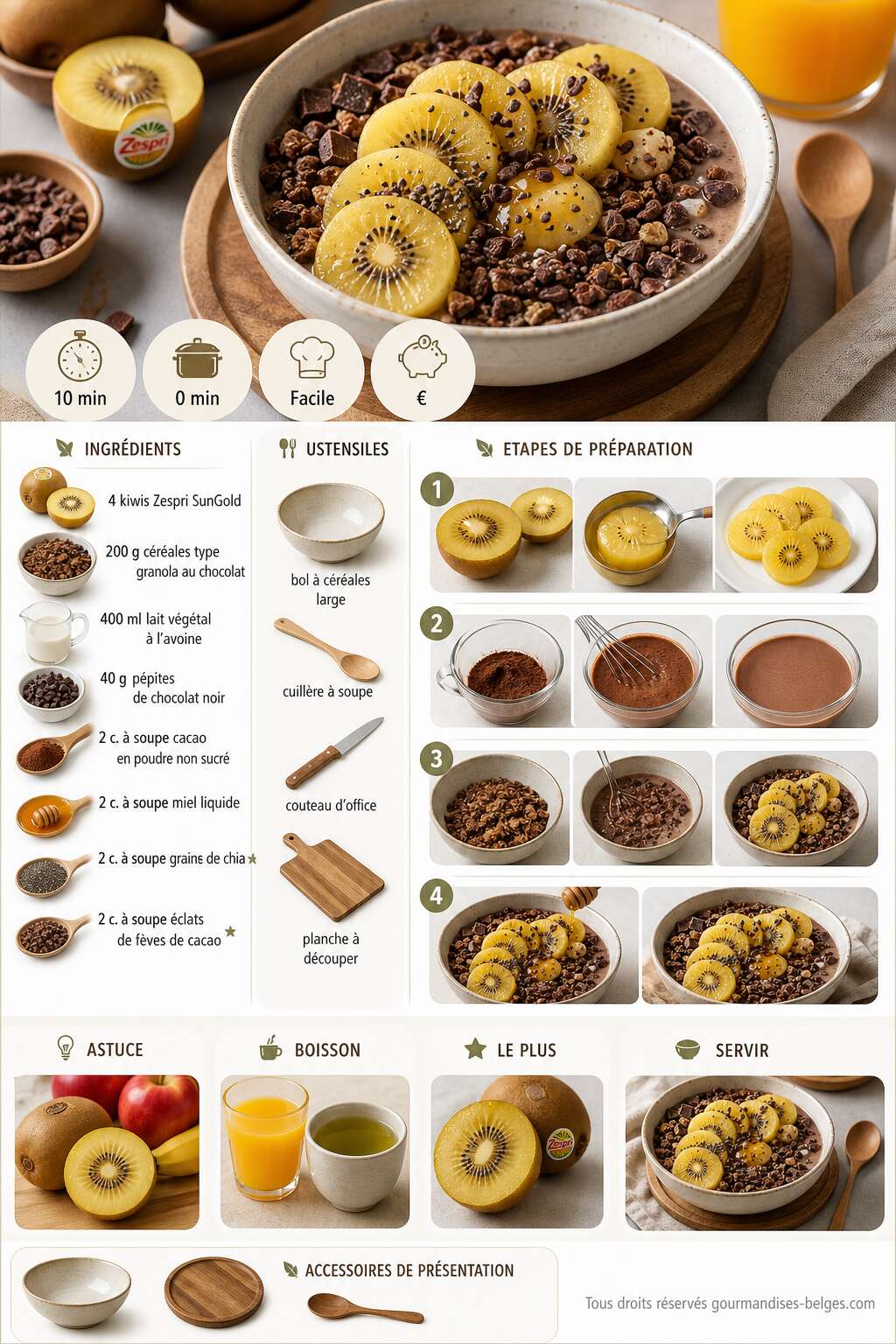 Fiche recette Recette de c&eacute;r&eacute;ales au kiwi Zespri SunGold et chocolat