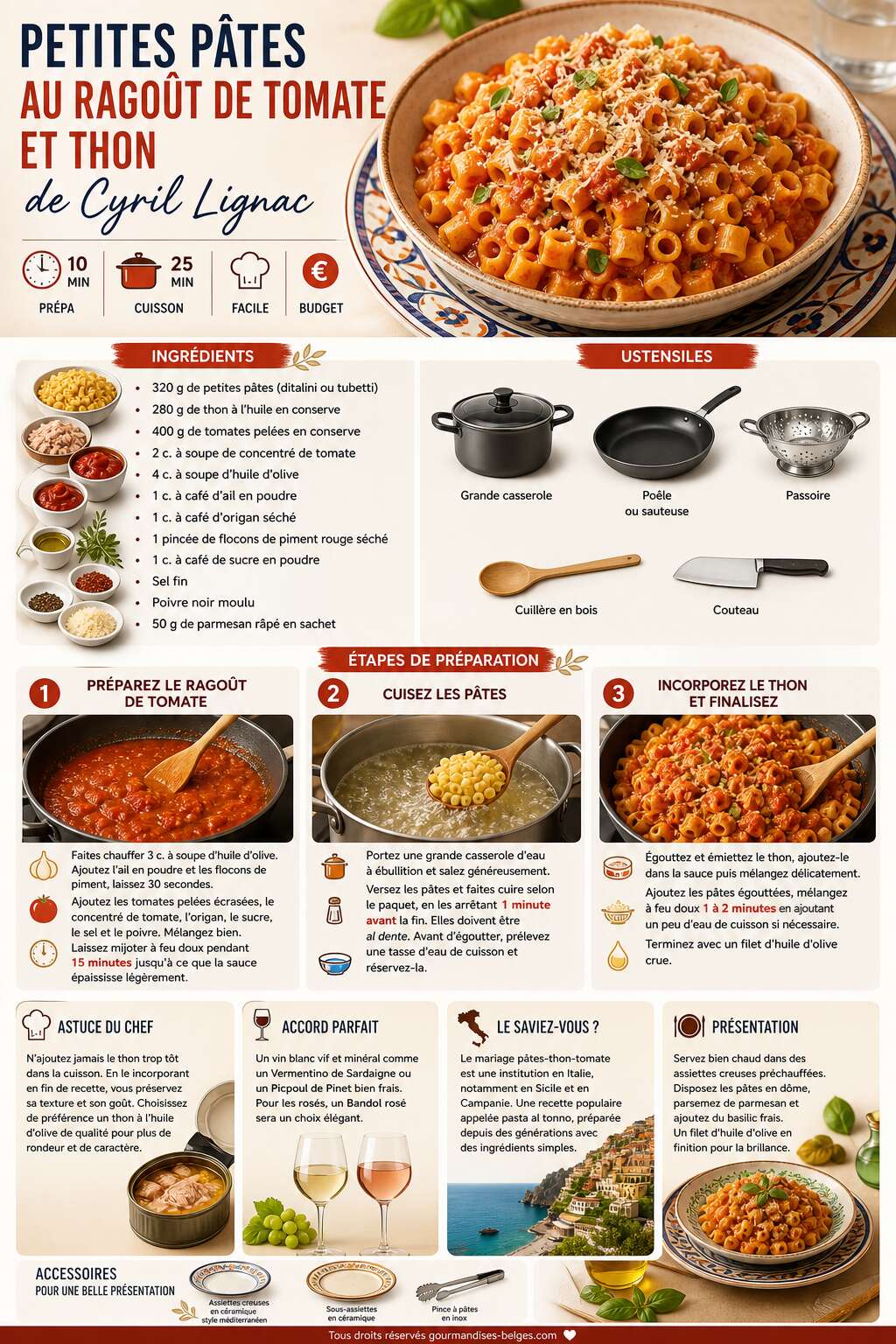 Fiche recette Petites p&acirc;tes au rago&ucirc;t de tomate et thon de Cyril Lignac : la recette facile et savoureuse