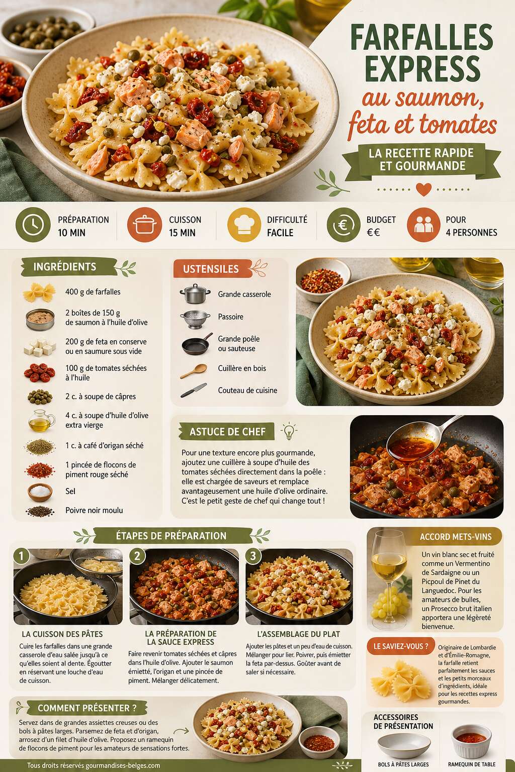 Fiche recette Farfalles express au saumon, feta et tomates : la recette rapide et gourmande Fiche recette Farfalles express au saumon, feta et tomates : la recette rapide et gourmande
