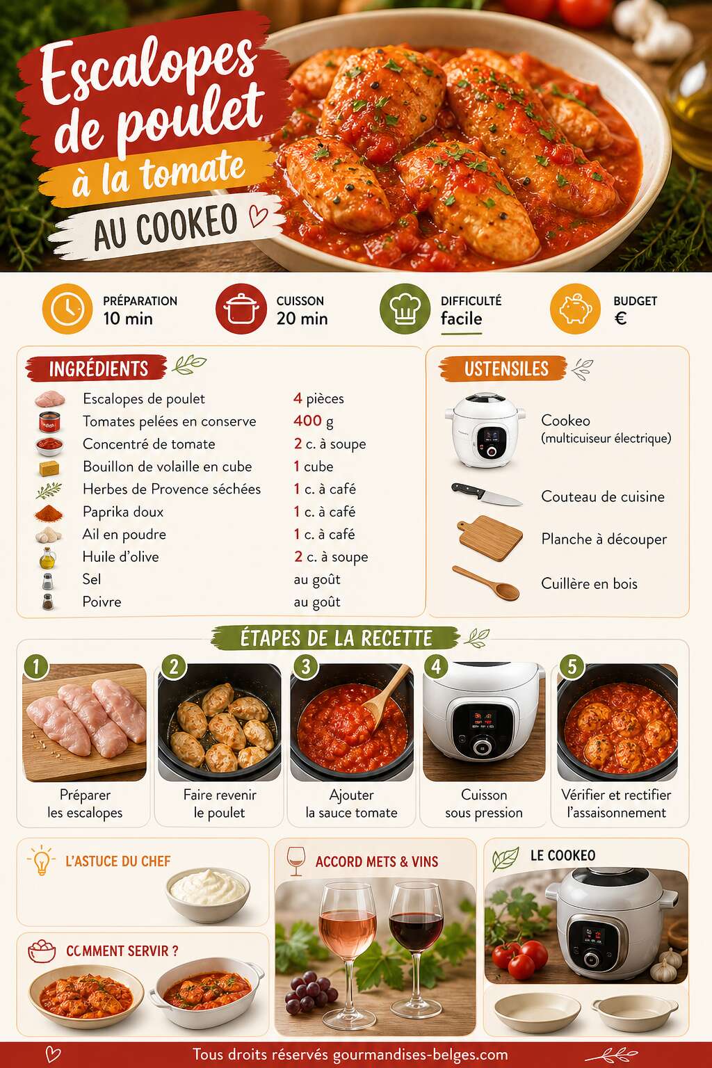 Fiche recette Recette facile d'escalopes de poulet à la tomate au Cookeo Fiche recette Recette facile d'escalopes de poulet à la tomate au Cookeo