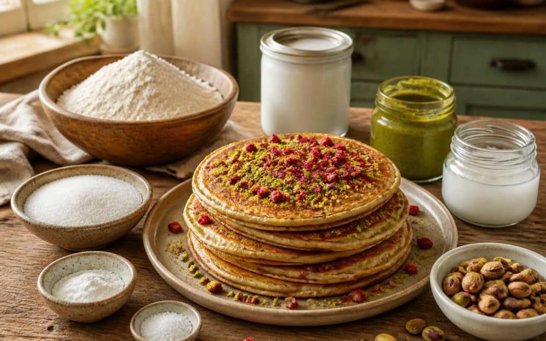 Recette de pancakes à la pistache et aux fraises séchées