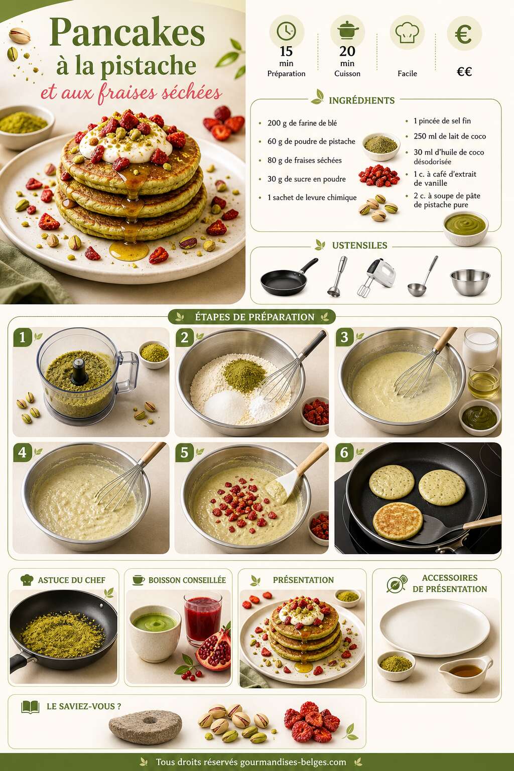 Fiche recette Recette de pancakes &agrave; la pistache et aux fraises s&eacute;ch&eacute;es