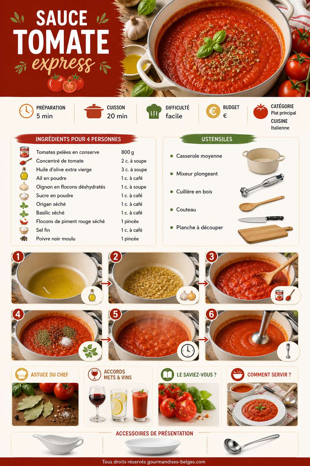 Fiche recette Recette de sauce tomate express : simple, rapide et délicieuse Fiche recette Recette de sauce tomate express : simple, rapide et délicieuse