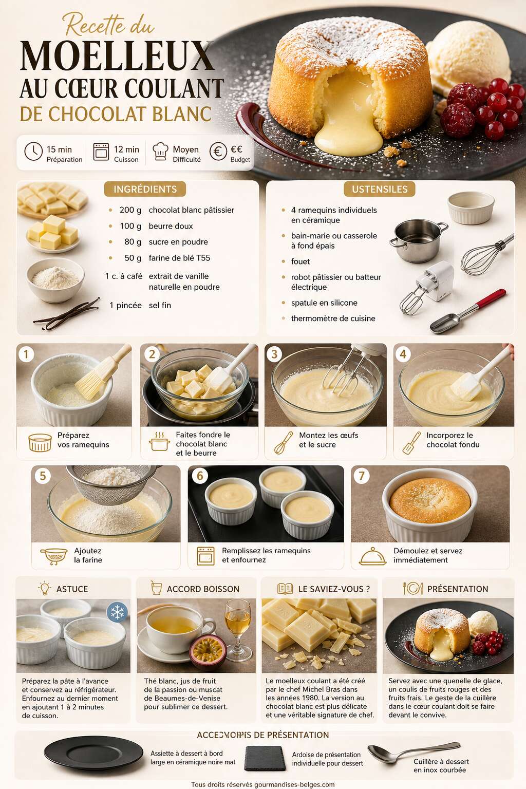 Fiche recette Recette du moelleux au c&oelig;ur coulant de chocolat blanc