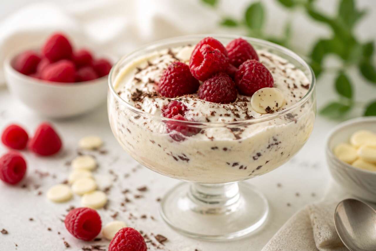 Recette de la mousse stracciatella au chocolat blanc et framboises de Cyril Lignac