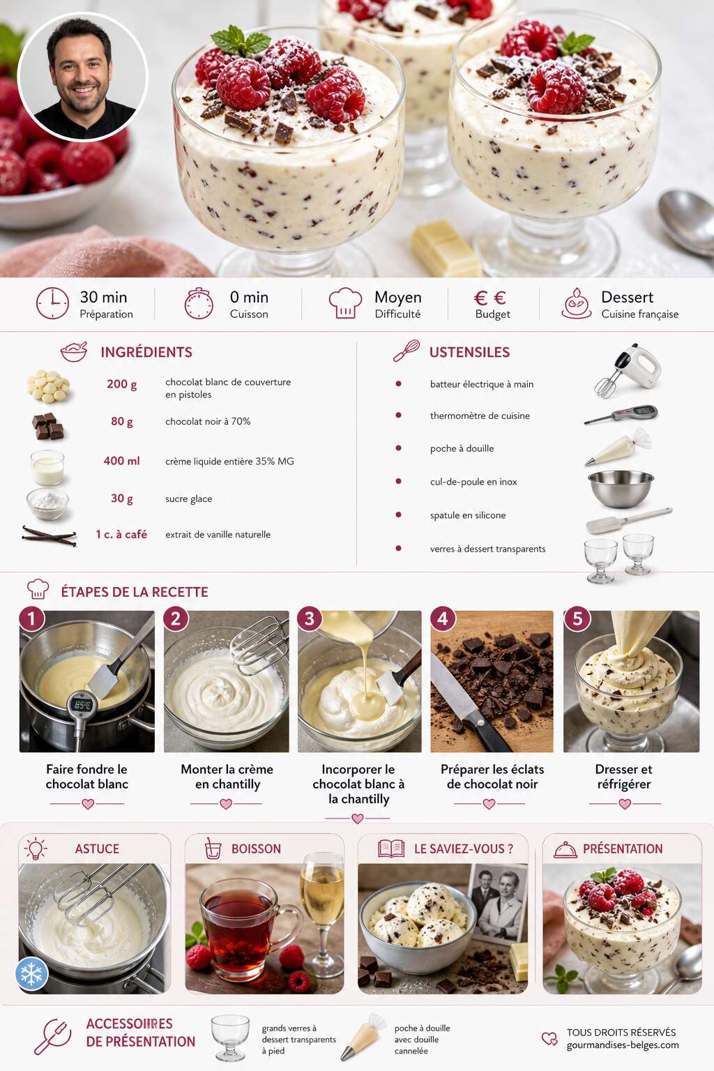 Fiche recette Recette de la mousse stracciatella au chocolat blanc et framboises de Cyril Lignac Fiche recette Recette de la mousse stracciatella au chocolat blanc et framboises de Cyril Lignac