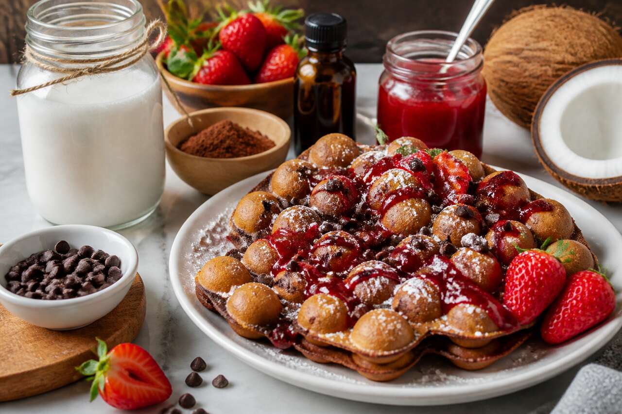 Recette de bubble waffle au chocolat et à la fraise